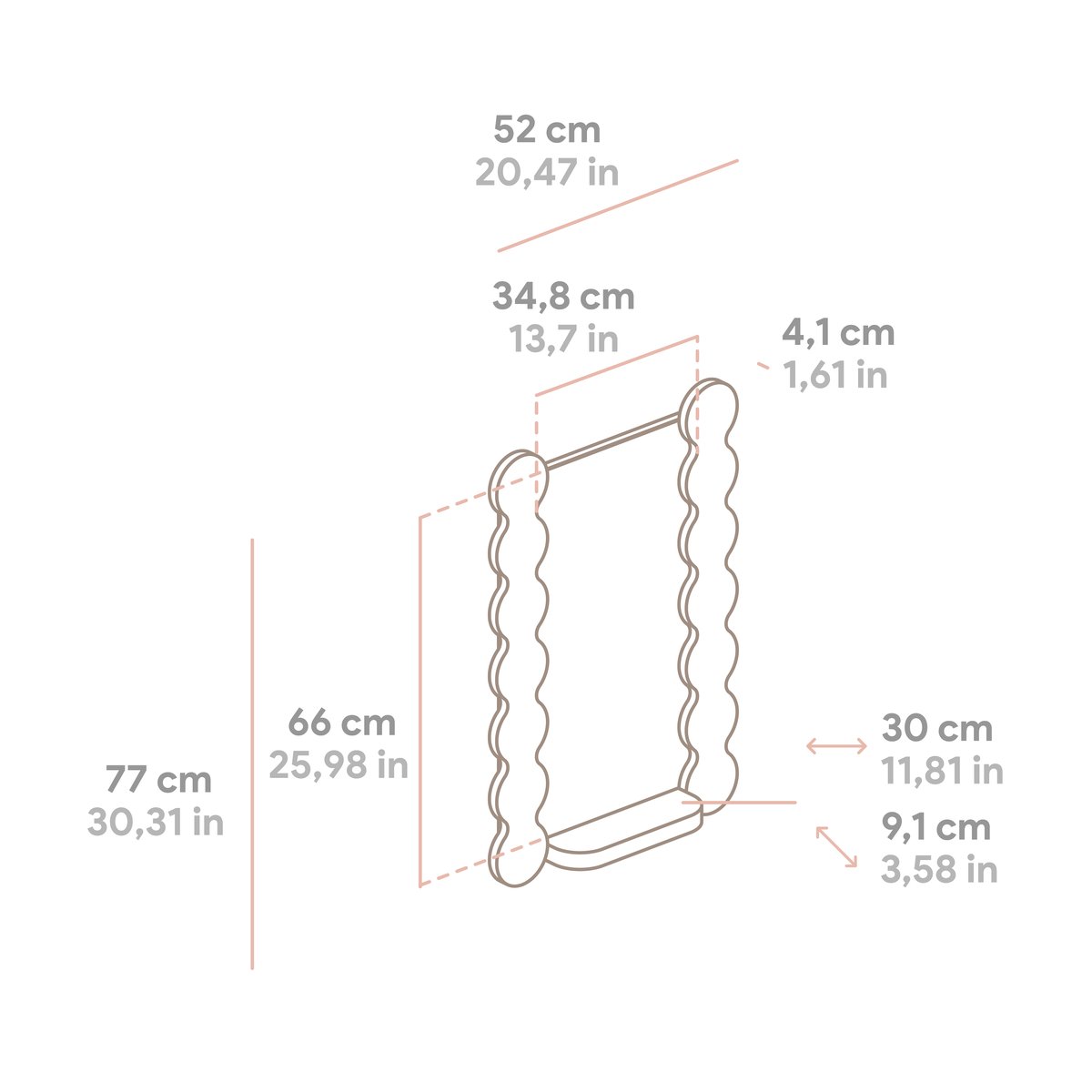 Miroir en pin verni avec étagère 77 cm SALADETA bois clair, NAAN FURNITURE