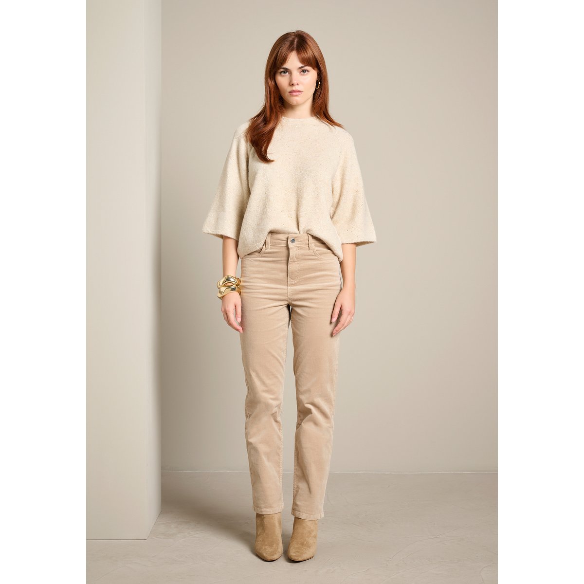 Pantalon droit en velours côtelé lt beige, LOLALIZA