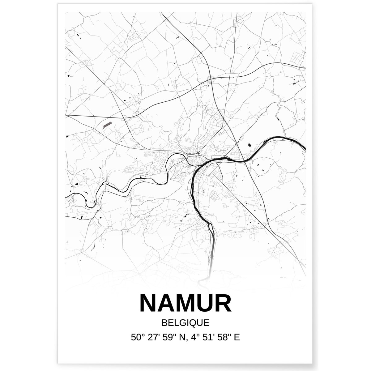 Affiche carte Namur - rectangle Noir et Blanc blanc, L'AFFICHERIE