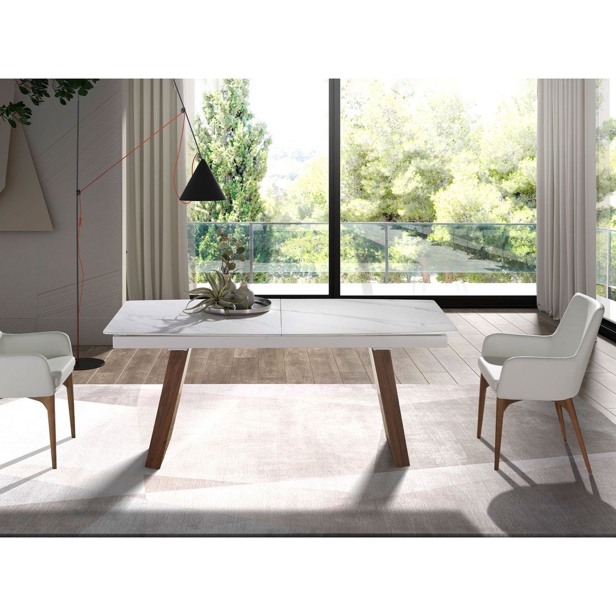 Table à manger à rallonge baril ovale marbre porcelaine et noyer blanc | noyer, ANGEL CERDA