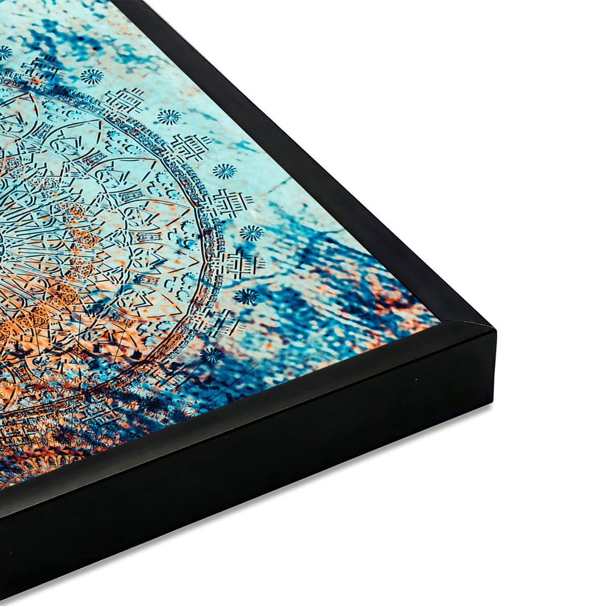 Affiche encadrée mandala artistique bleu et ocre affiche + cadre en métal - noir, HEXOA