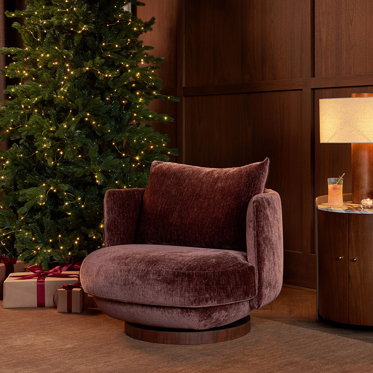 Fauteuil pivotant en velours texturé et plaqué noyer, ROSEO vieux rose, AM.PM