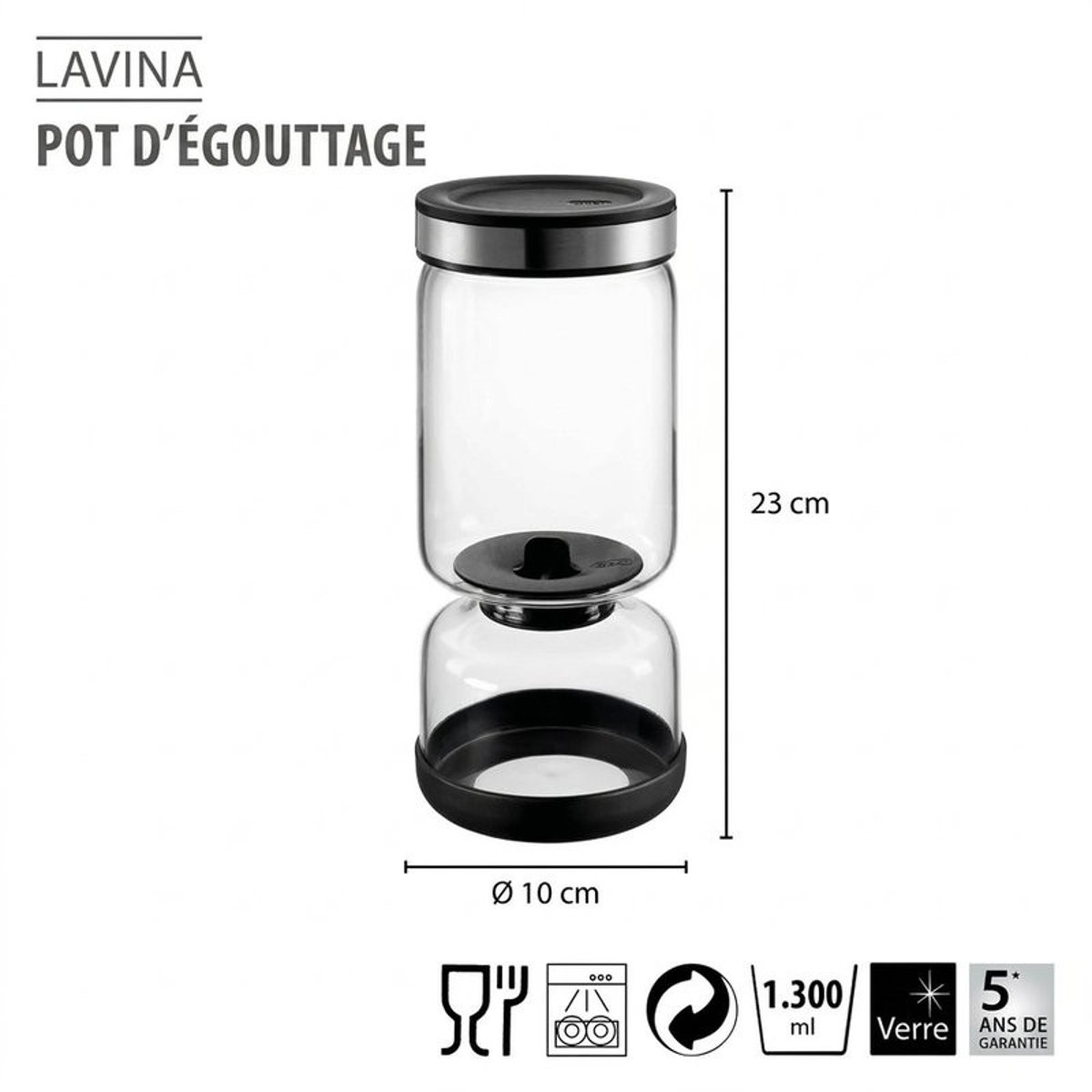 Bocal égouttoir LAVINA, 1.300 ml noir/argent, GEFU