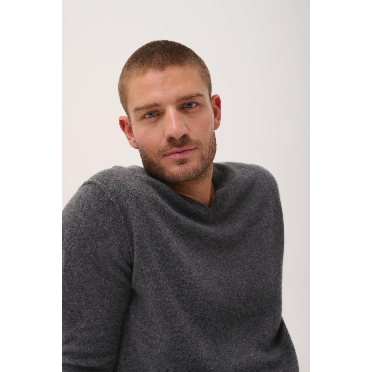 Pull Col V Anthracite Chiné Tom gris anthracite chiné, JUST CASHMERE