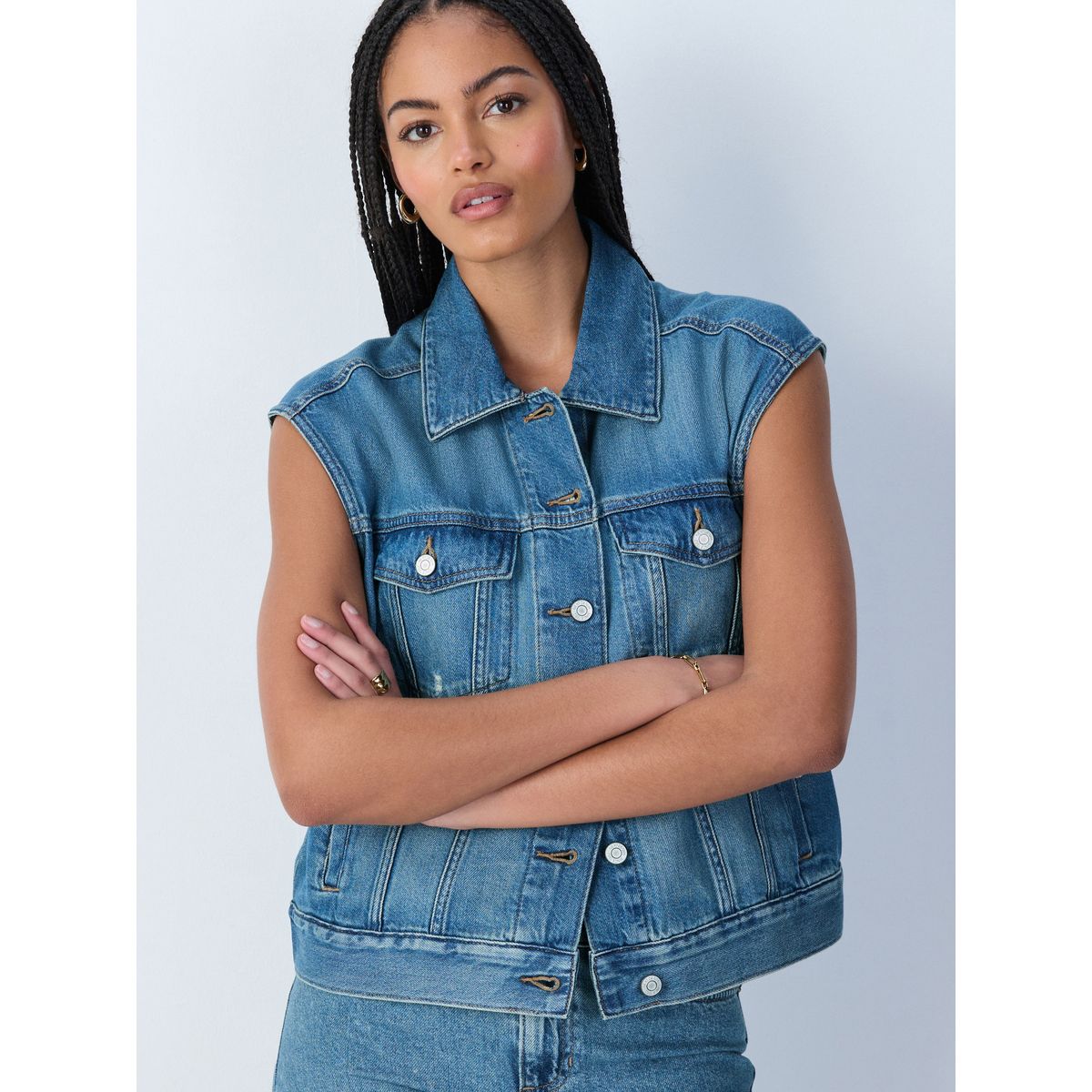 Veste en denim sans manches décontractée bleu moyen, NEXT