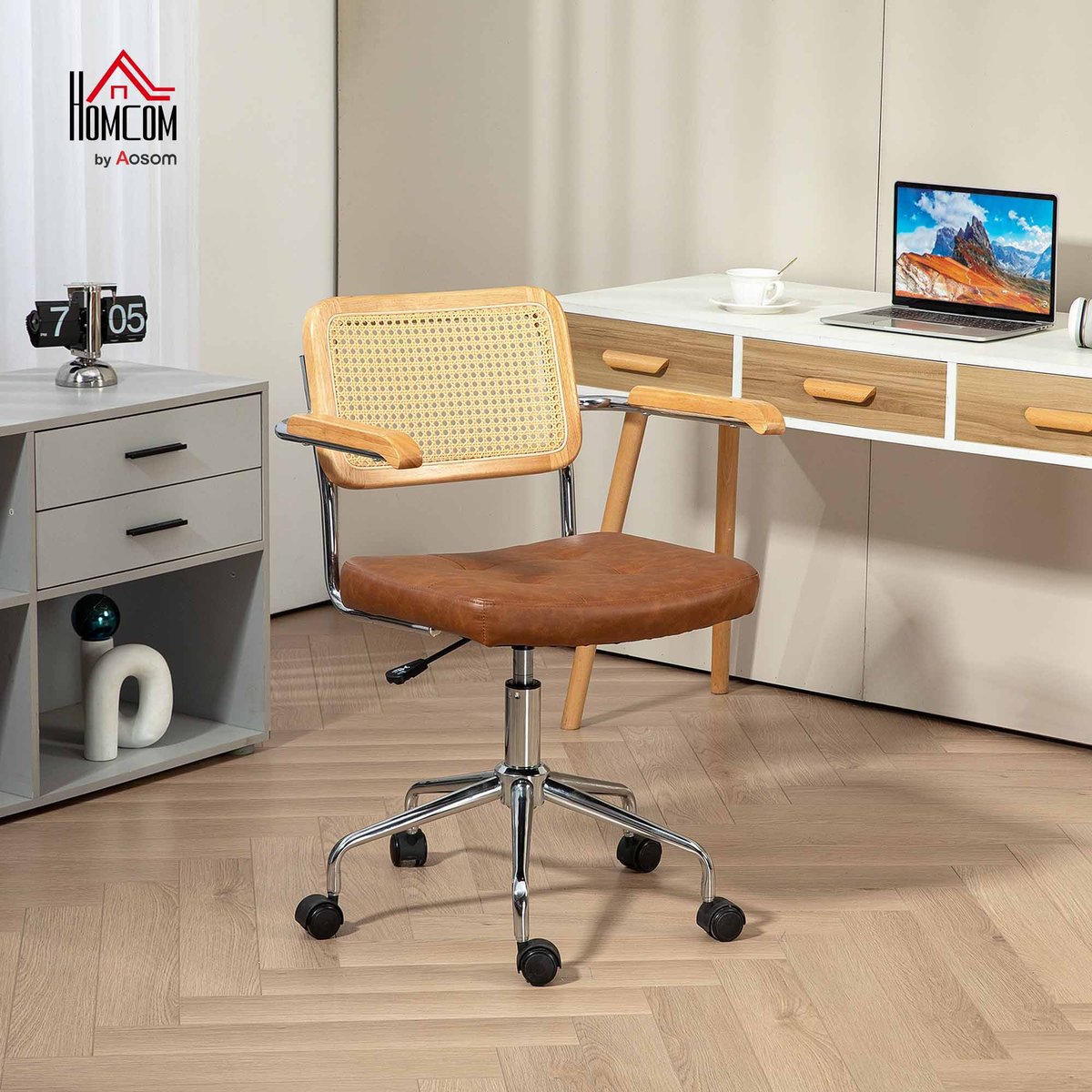 Chaise de bureau Revêtement synthétique marron, bois naturel, HOMCOM