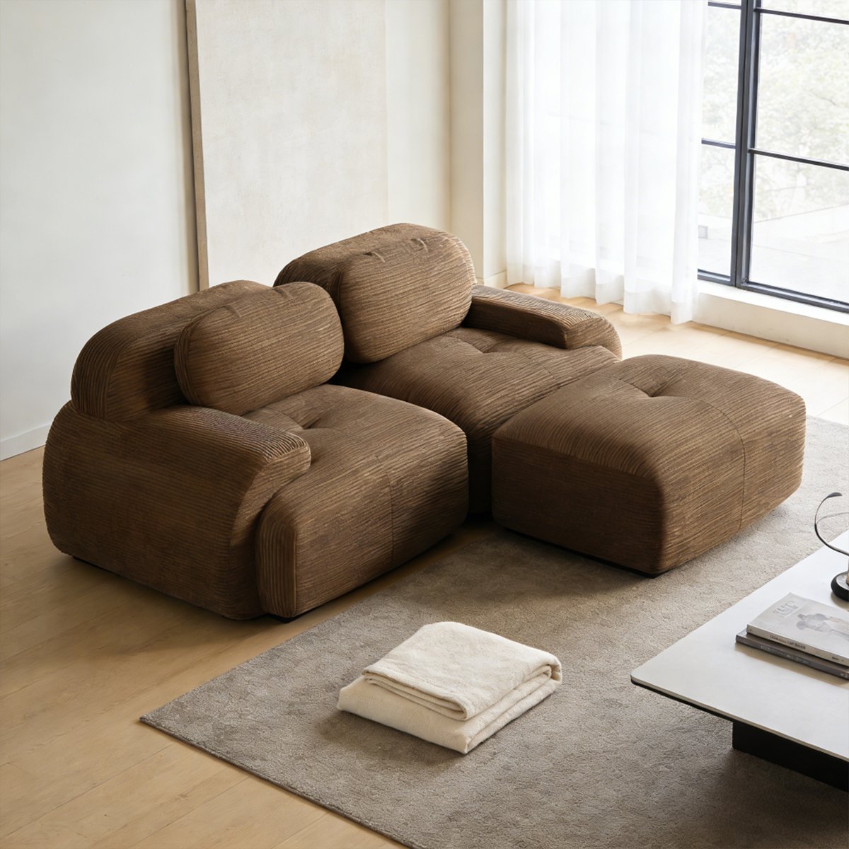 Canapé d'angle réversible 2 places avec pouf en velours côtelé, SNOW marron, MEUBLES COSY