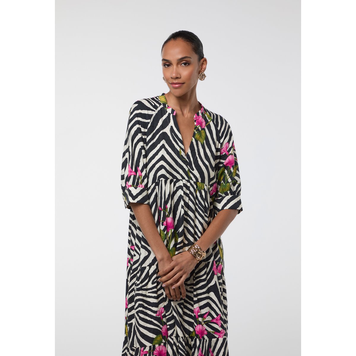 Robe longue fluide floral imprimé zèbre noir, LOLA CASADEMUNT