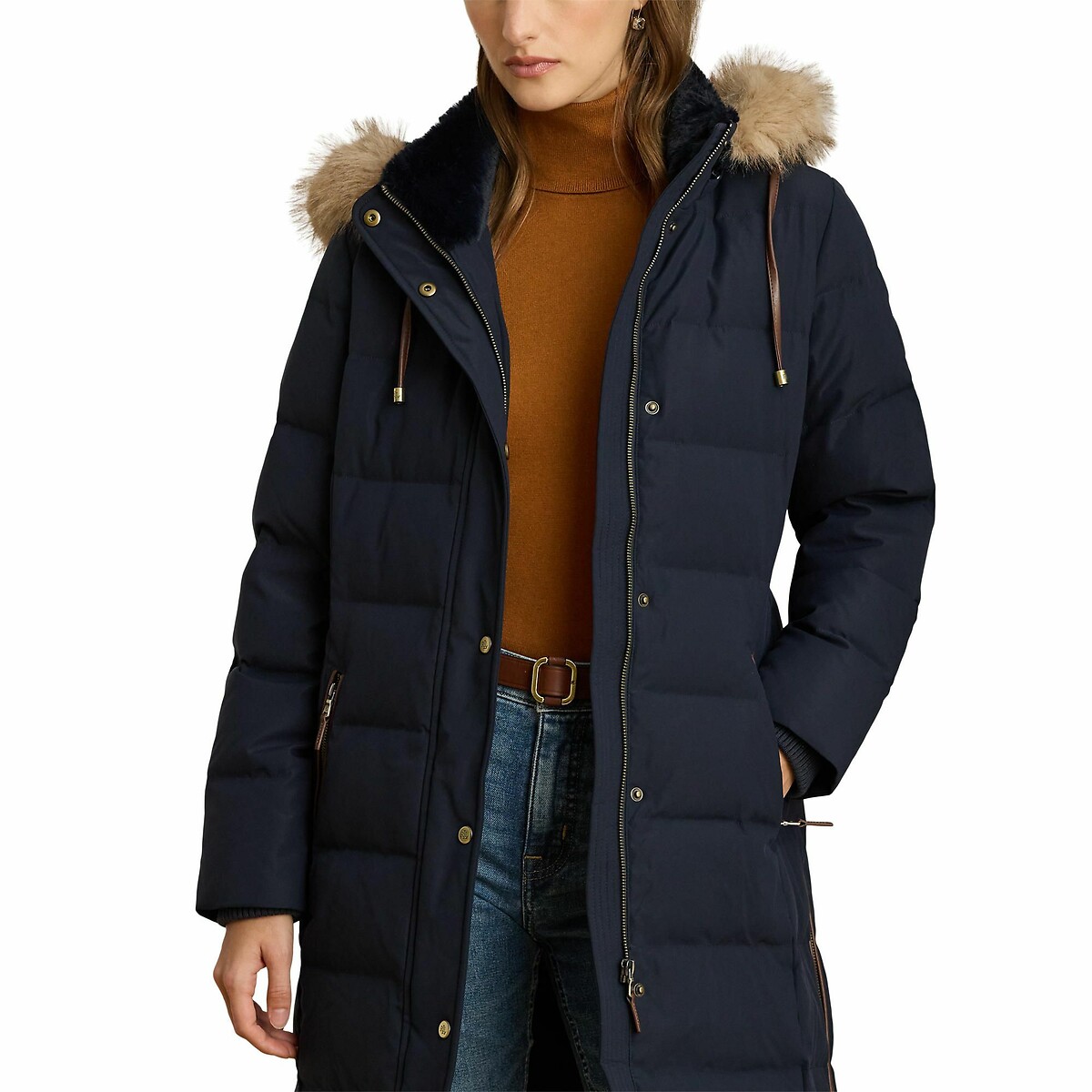Chaqueta acolchada semilarga con capucha azul marino, LAUREN RALPH LAUREN