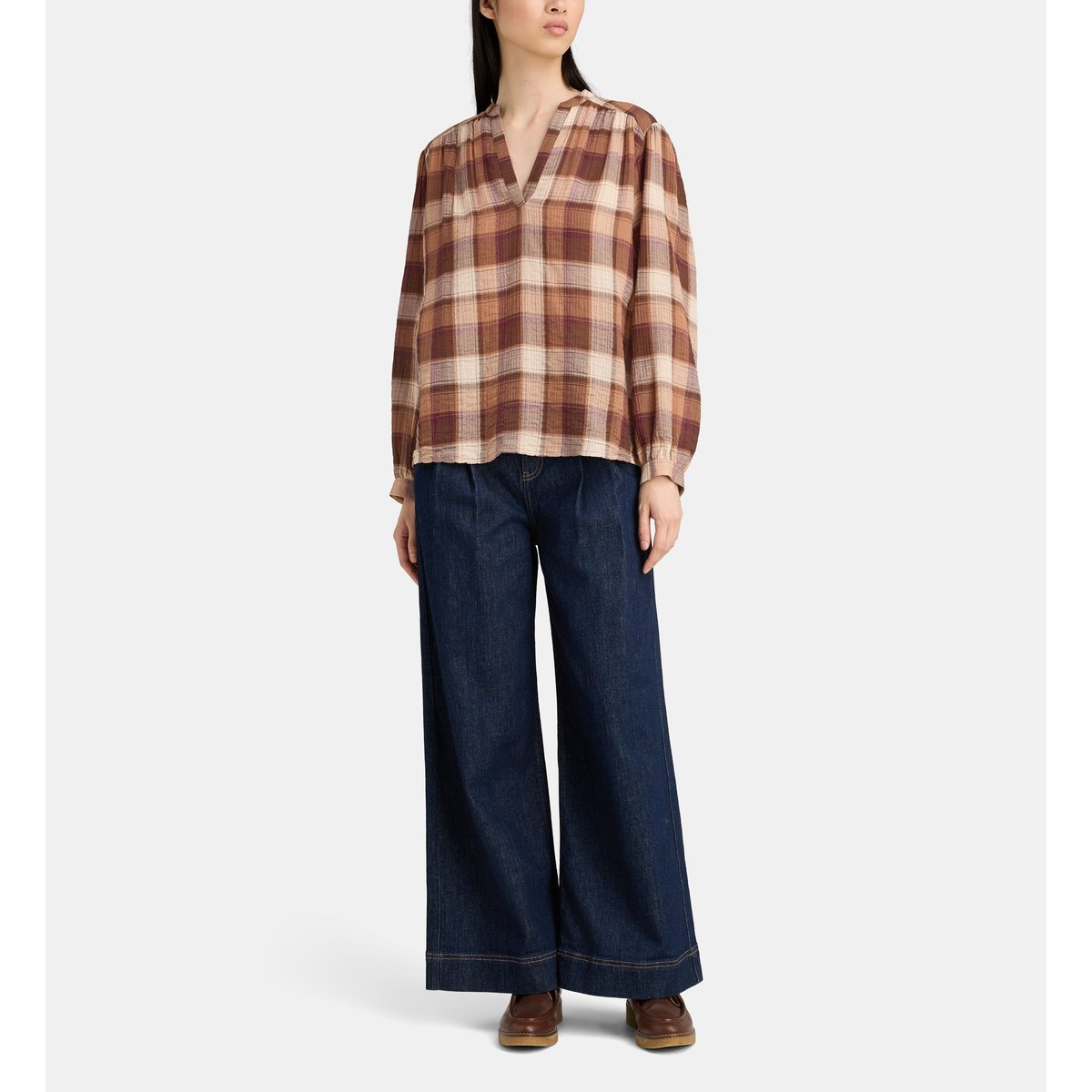 Blouse confort olone à carreaux coton bio marron et rouge, JODHPUR