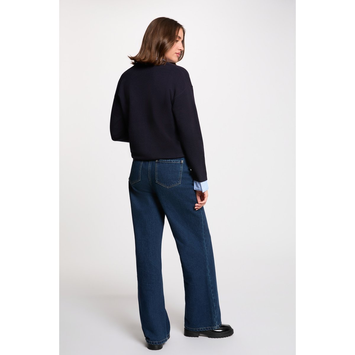Pull col revers rayé bleu marine, MORGAN