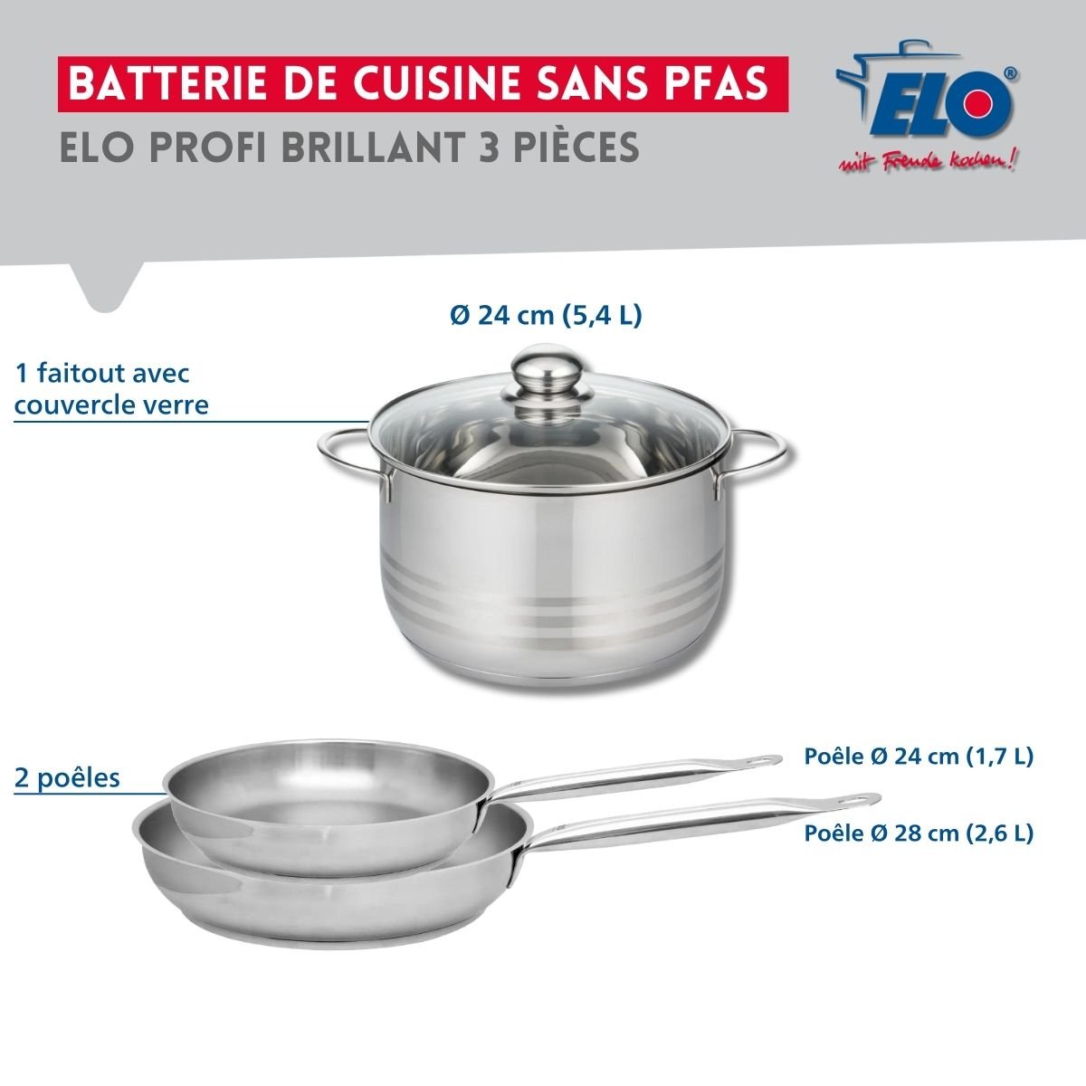 Batterie 2 poêles 24/28cm + 1 faitout 24cm PROFI BRILLANT gris, ELO
