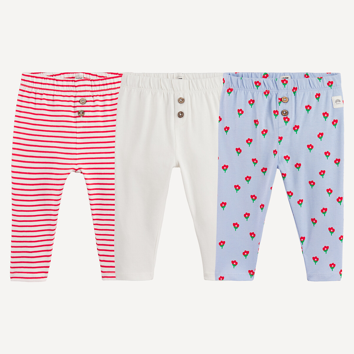 Lote de 3 leggings, lisas, às riscas e estampado flores sortido, LA REDOUTE COLLECTIONS