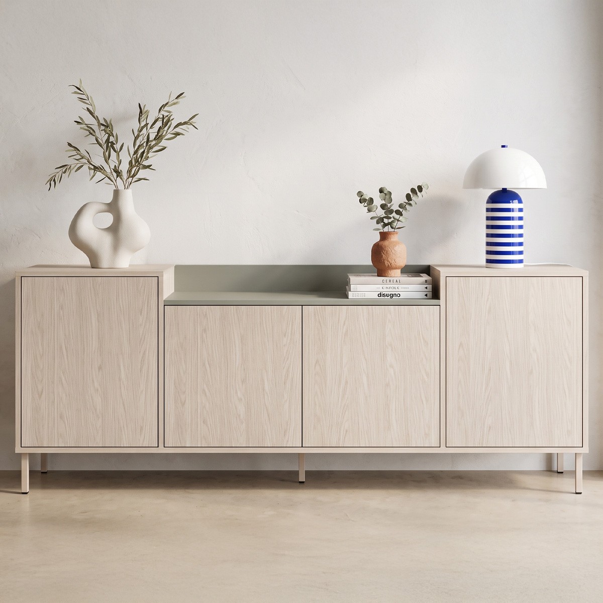 Buffet 4 portes bicolore - AMOS vert et décor chêne clair, HOMIFAB