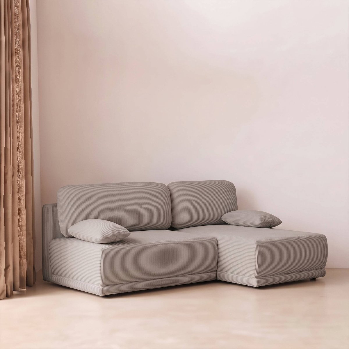 Banquette canapé d'angle droit convertible 3 places velours côtelé avec coffre NELSON taupe, SWEEEK