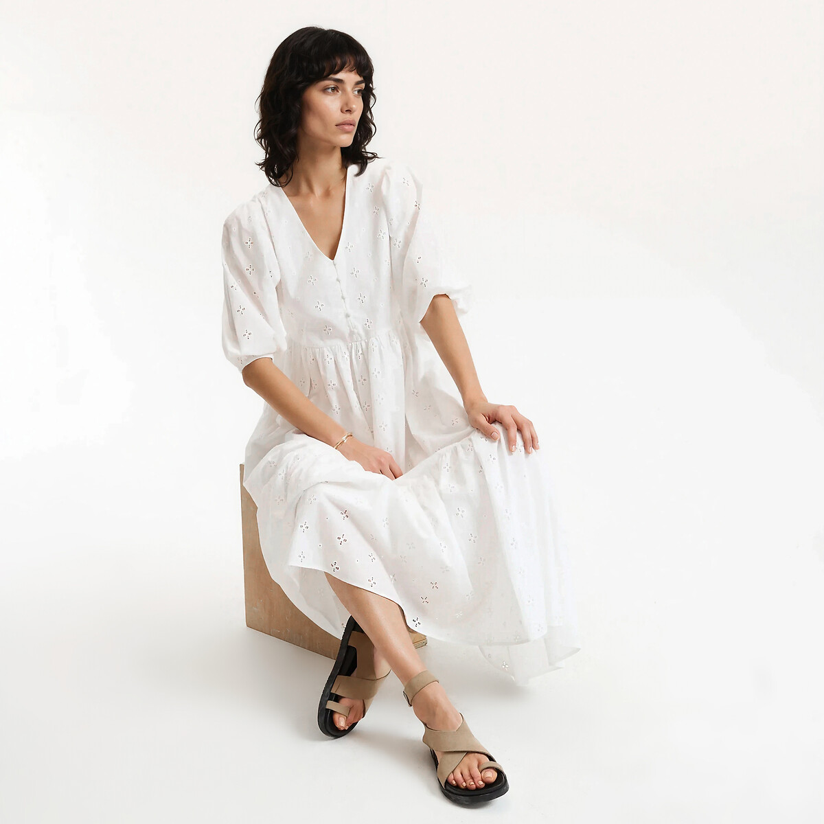 Robe longue en broderie anglaise col V blanc, LA REDOUTE COLLECTIONS