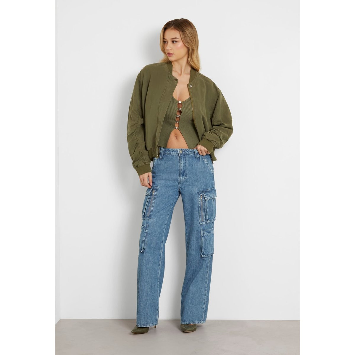 Bomber En Lin Mélangé vert olive, GUESS