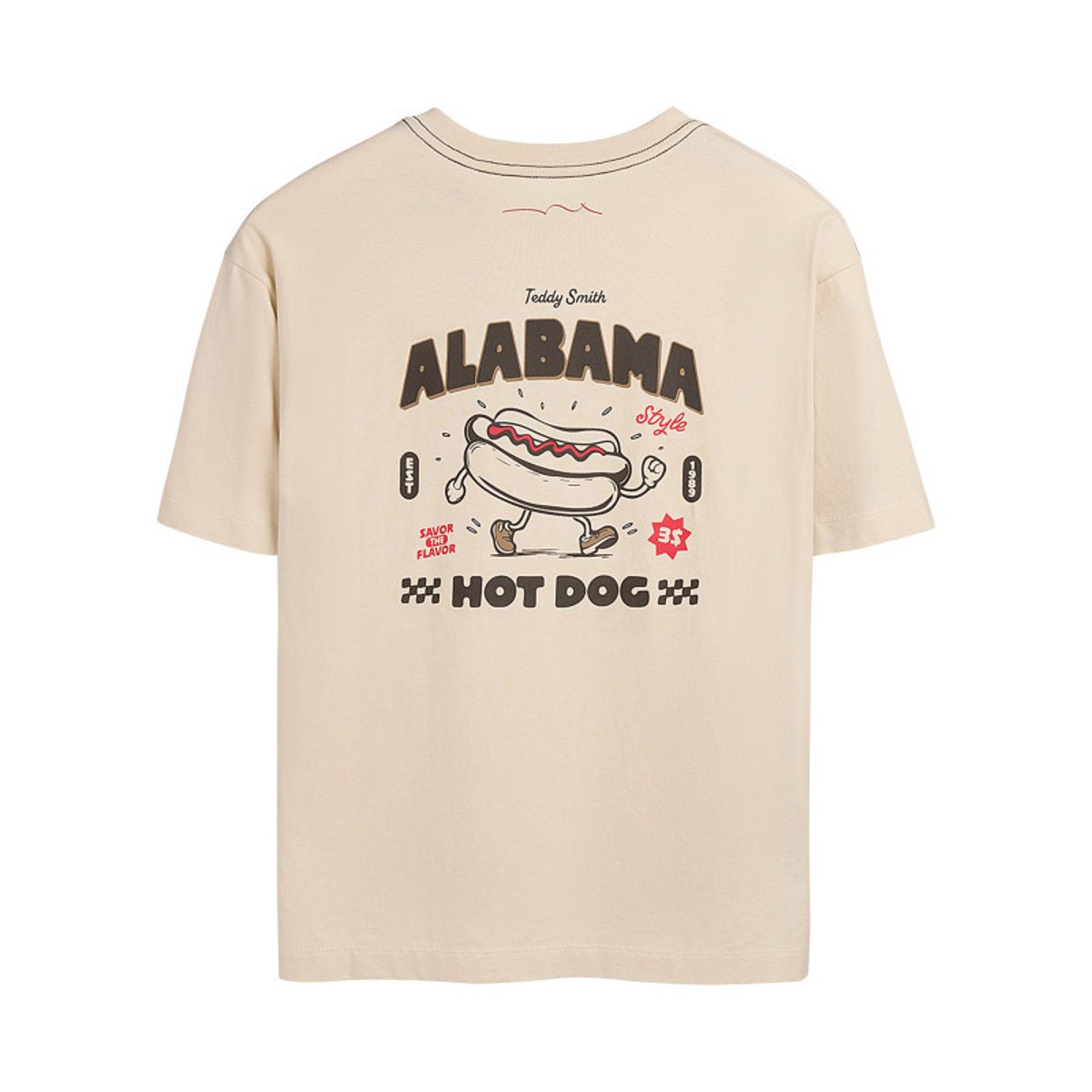 T-shirt en coton beige à col rond imprimé hot dog à la poitrine et au dos beige, TEDDY SMITH