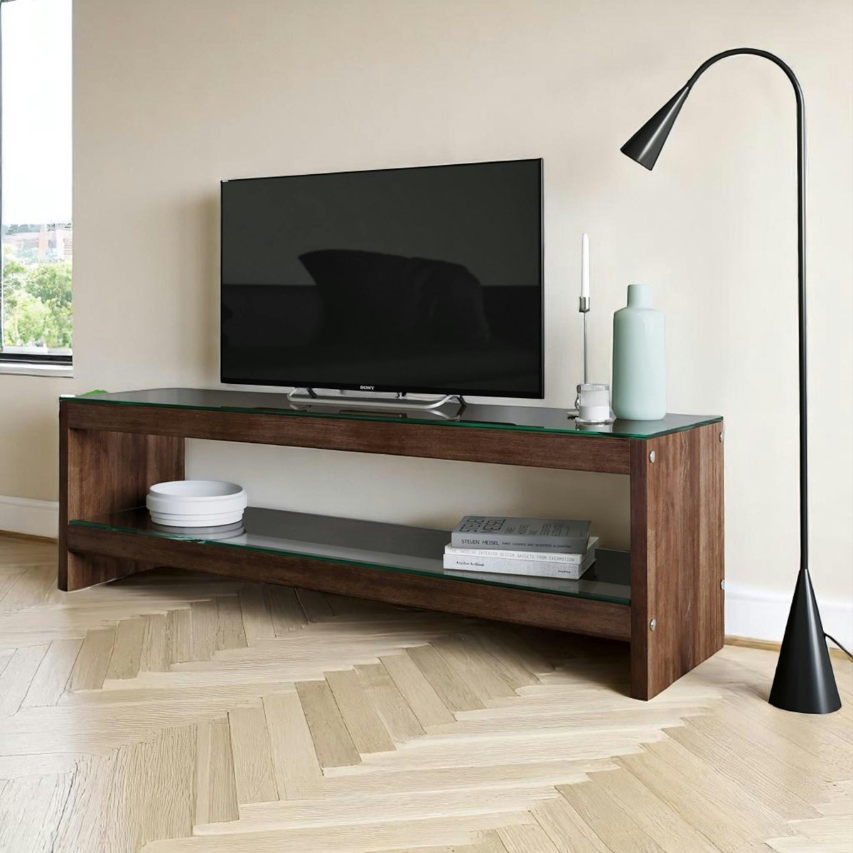 Meuble TV en bois brun et verre - 140 cm LHASA bois naturel, PIER IMPORT