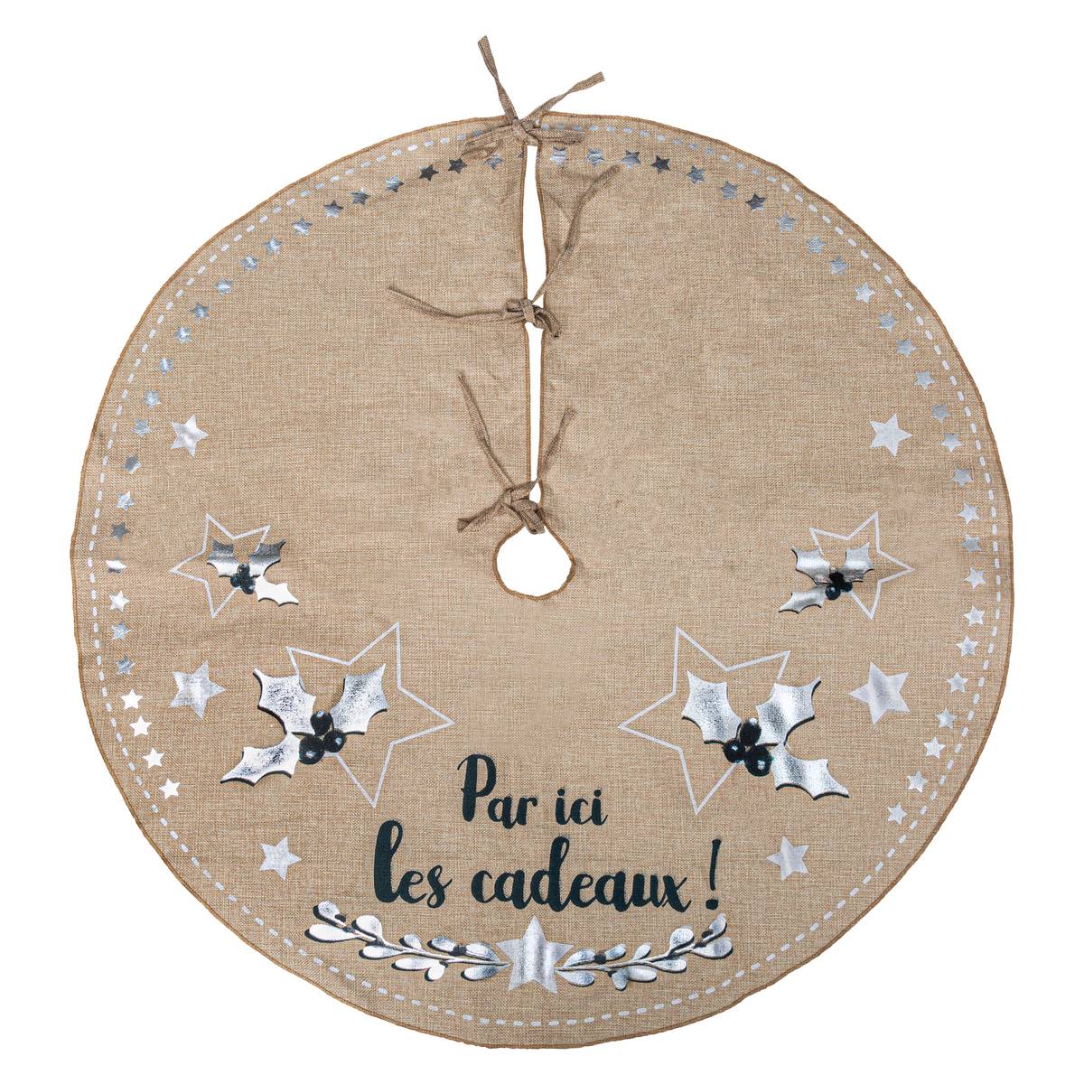 Tapis de sapin "Atelier des lutins" jute rouge D90cm beige, FEERIC LIGHTS & CHRISTMAS