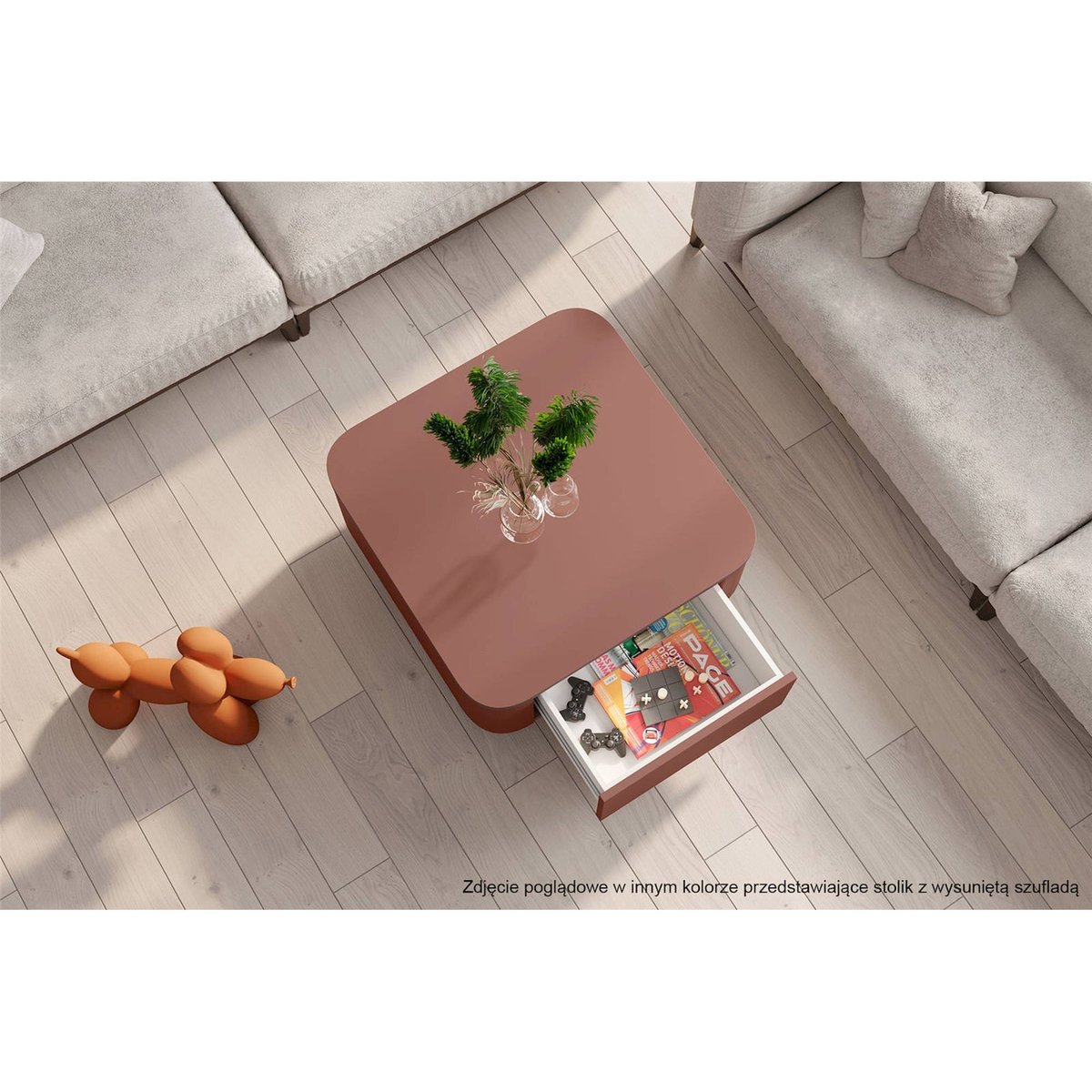 Table basse sculpturale en bois avec tiroir cachemire, RECOLLECTION