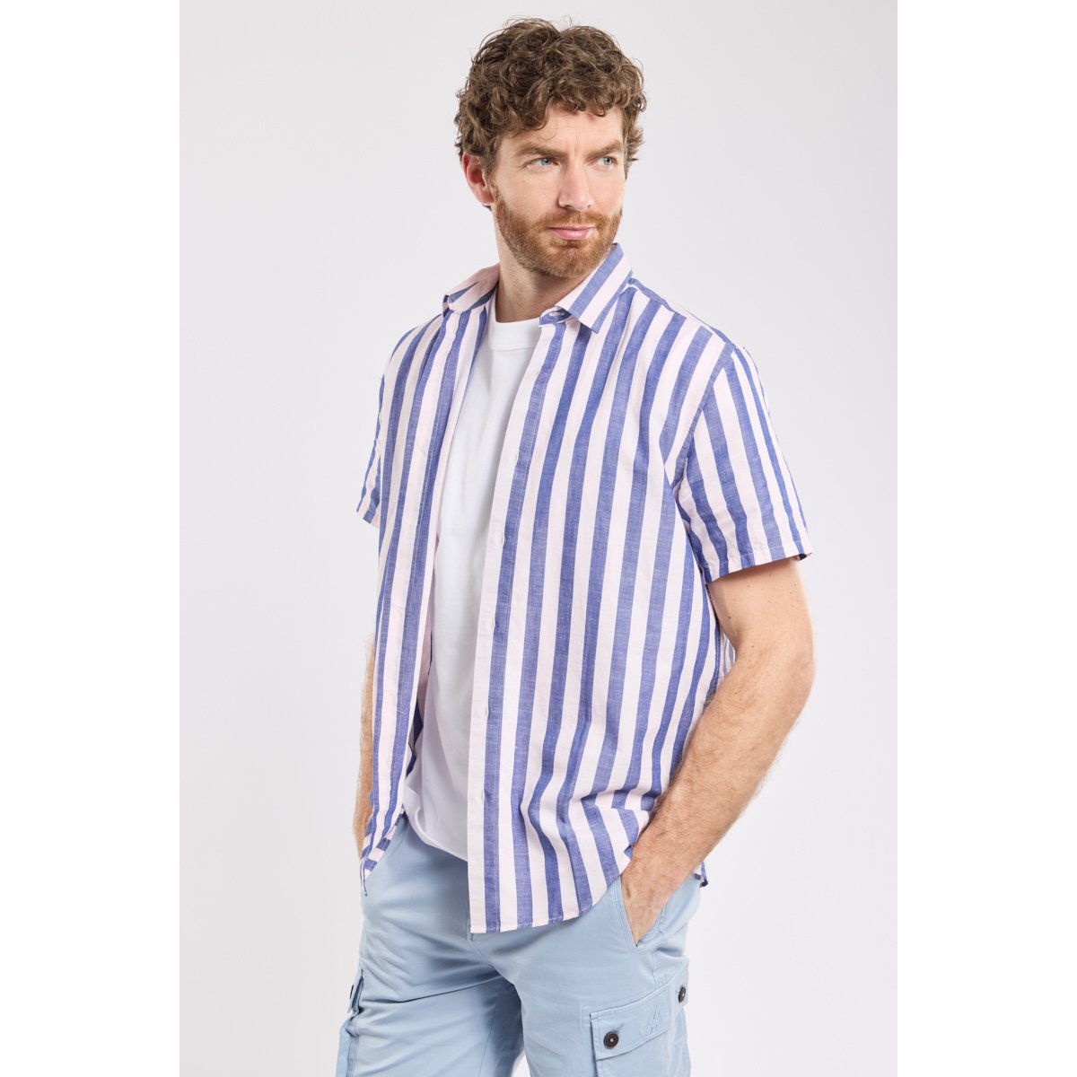 Chemise manches courtes rayée ERNOUCO vieux rose, BERMUDES