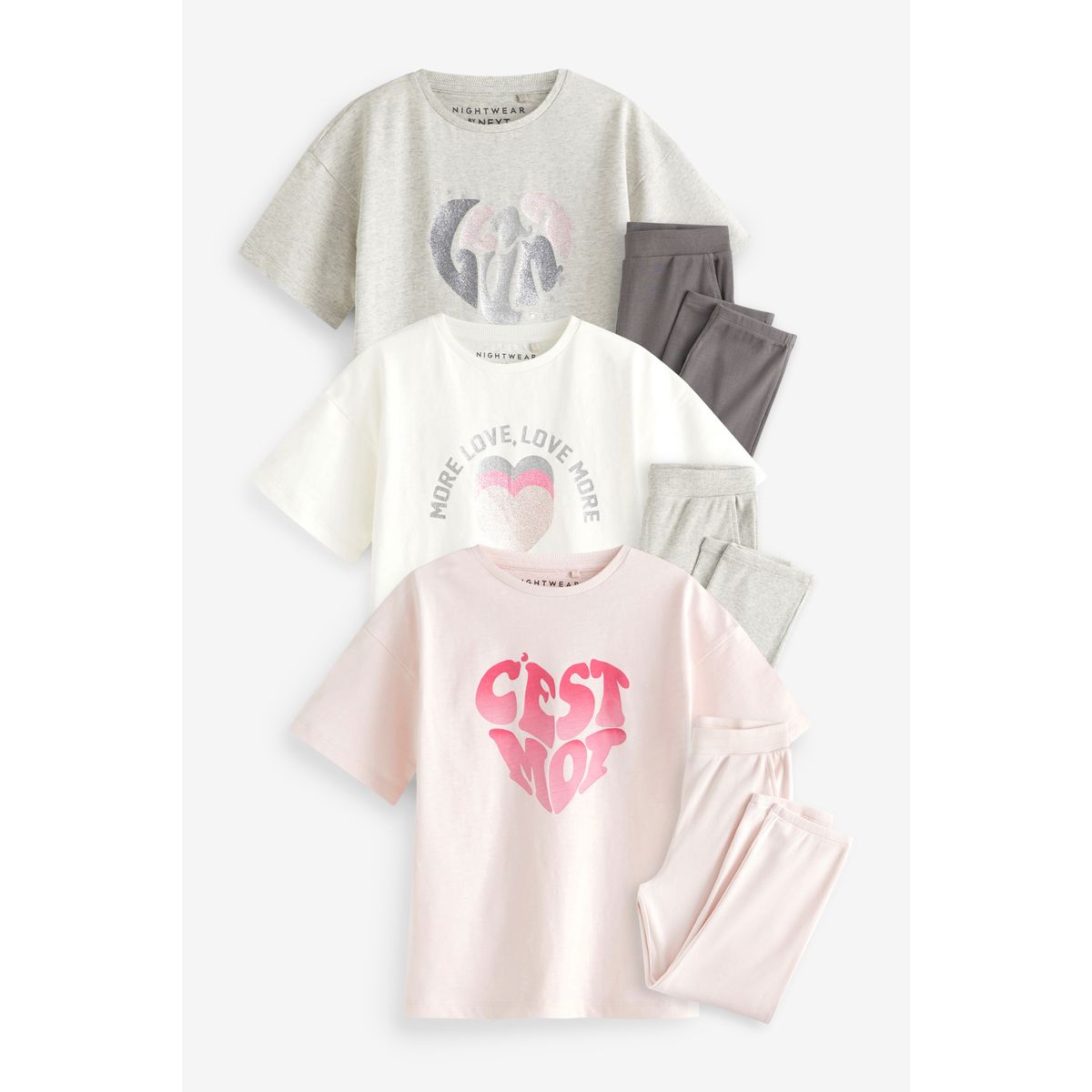 Pyjama avec inscription, lot de 3 rose/gris/blanc, NEXT