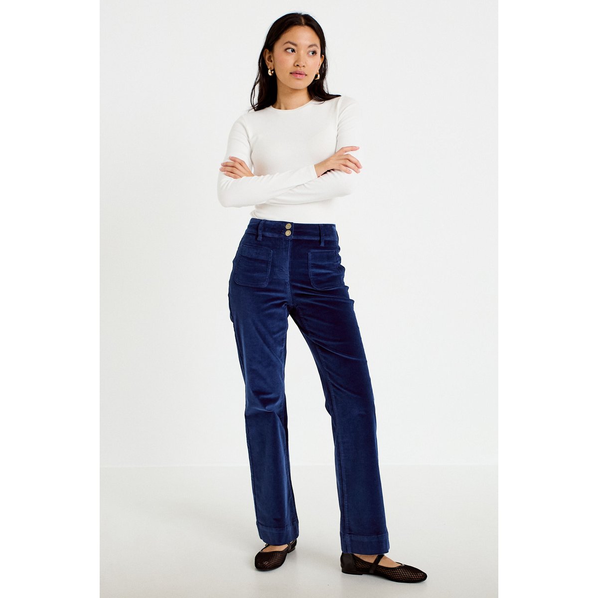 Pantalon bootcut taille haute velours bleu marine, CACHE CACHE