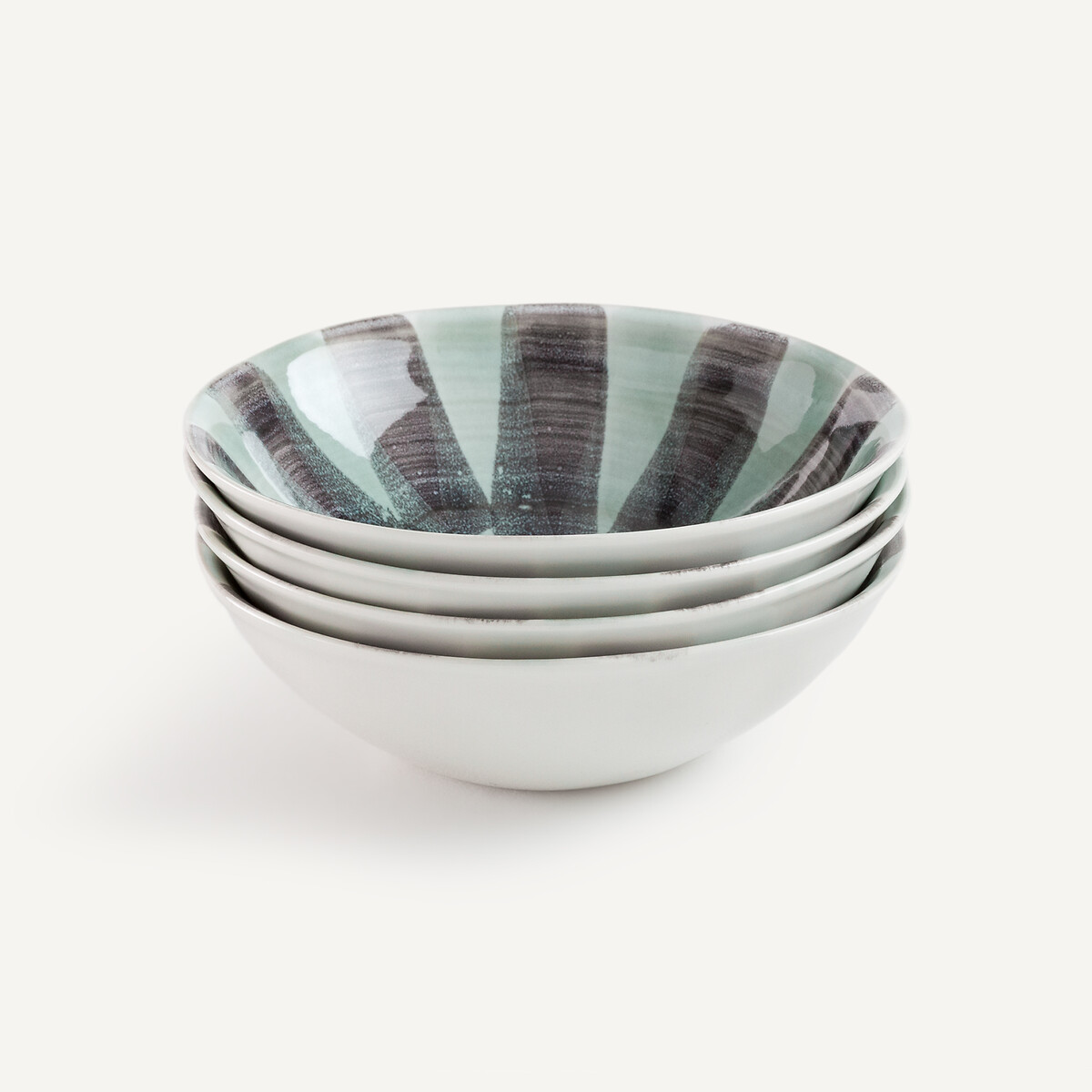 Lot de 4 bols en grès rayé, diamètre 19 cm, VIANA vert de gris/noir, AM.PM