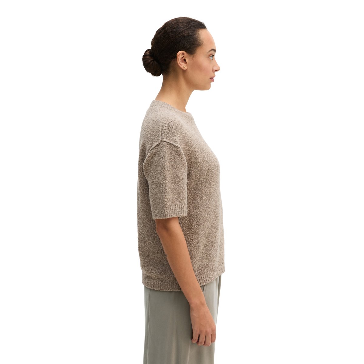 Pull à manches courtes loose en fil bouclé beige, MARC O'POLO
