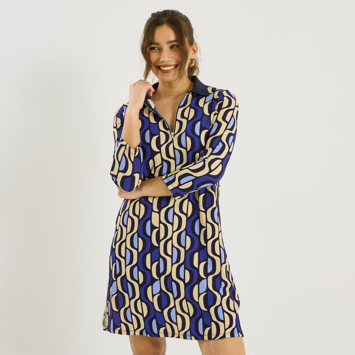 Robe courte en maille imprimée bleu marine, GRAIN DE MALICE