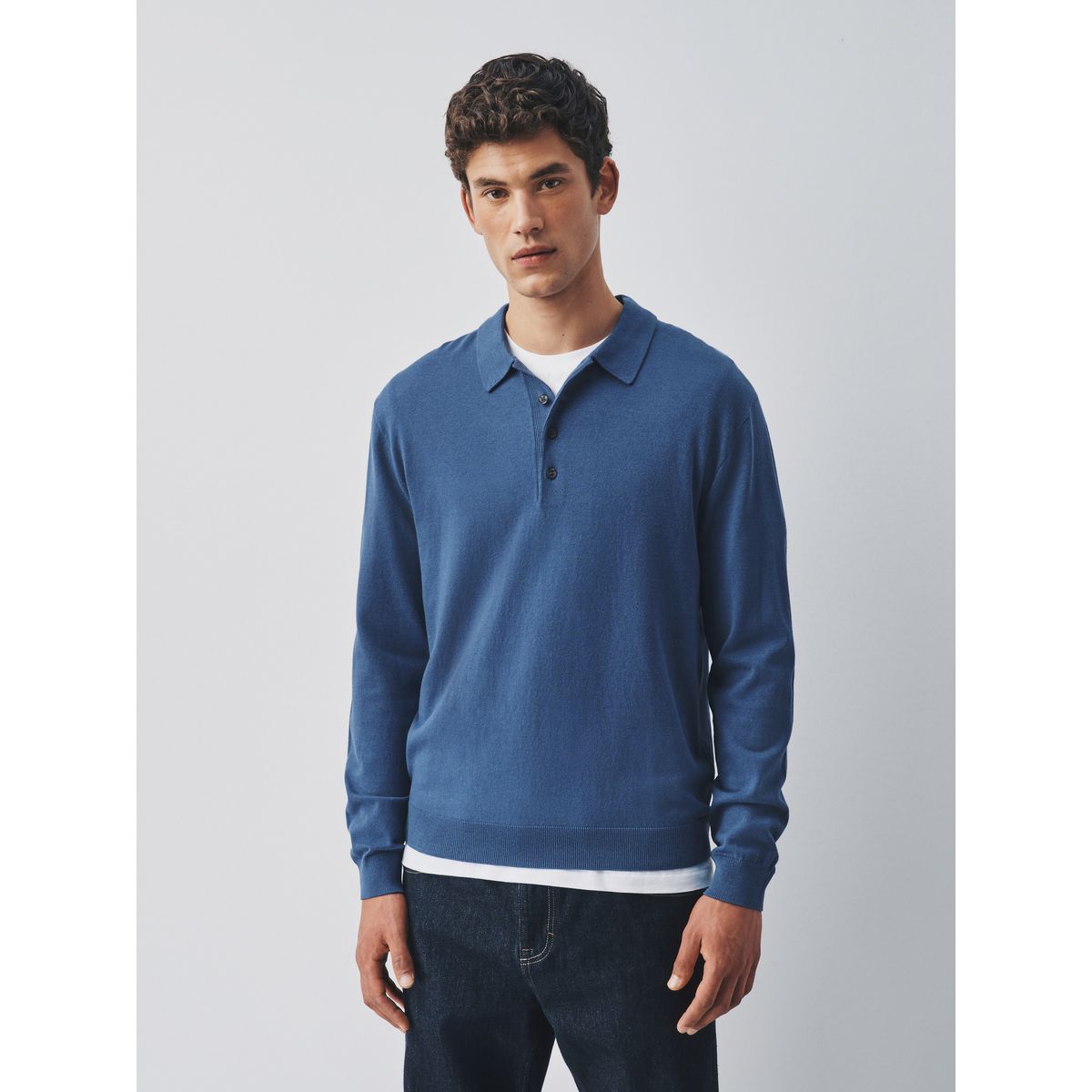 Polo en maille à manches longues bleu moyen, NEXT