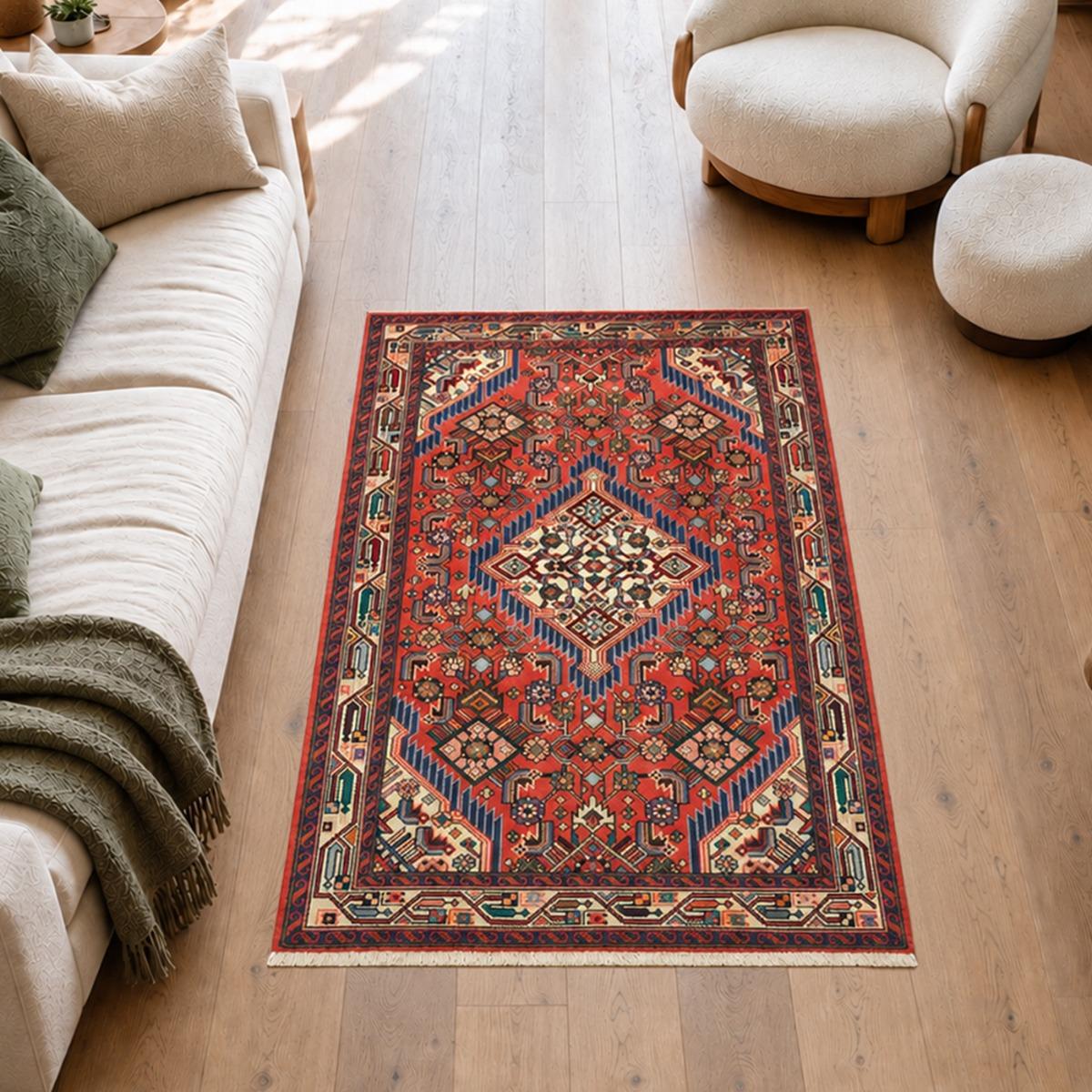 Tapis d'orient au motif oriental, noué main en laine, HAMADAN 25 rouge, bleu, crème, UN AMOUR DE TAPIS