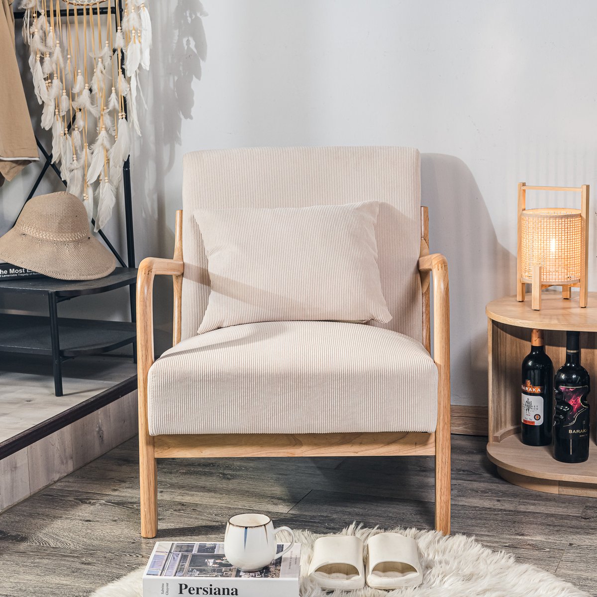 Fauteuil de salon en velours côtelé, OHAMA beige, NORDLYS