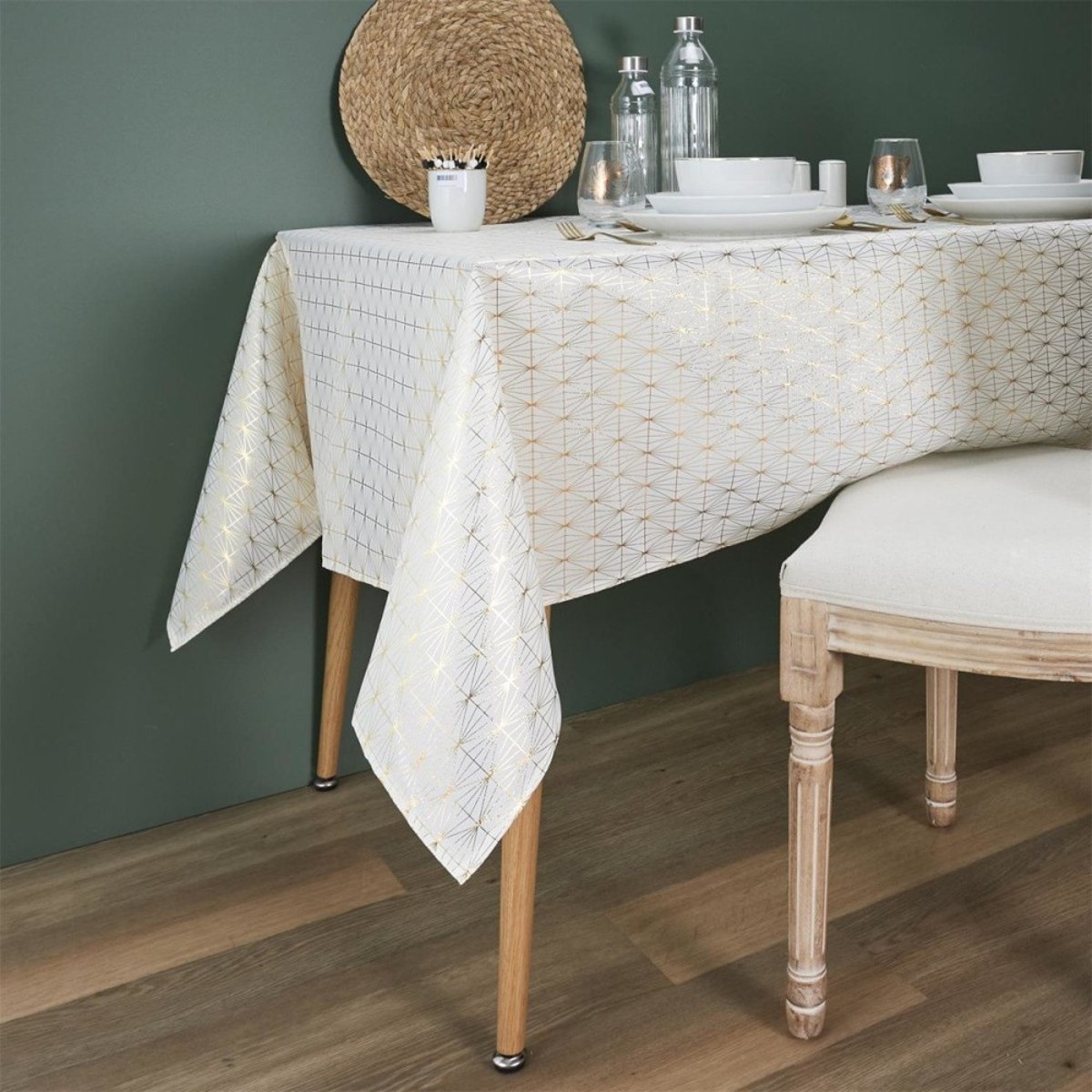 Nappe Motif Géométrique Doré 140x250 blanc, DECORATIE