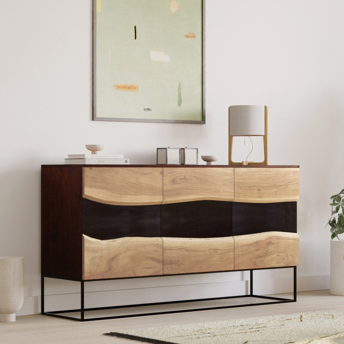 Buffet 3 portes en bois d'acacia et métal - ALABAMA bois foncé et noir, MAISON PAVANE