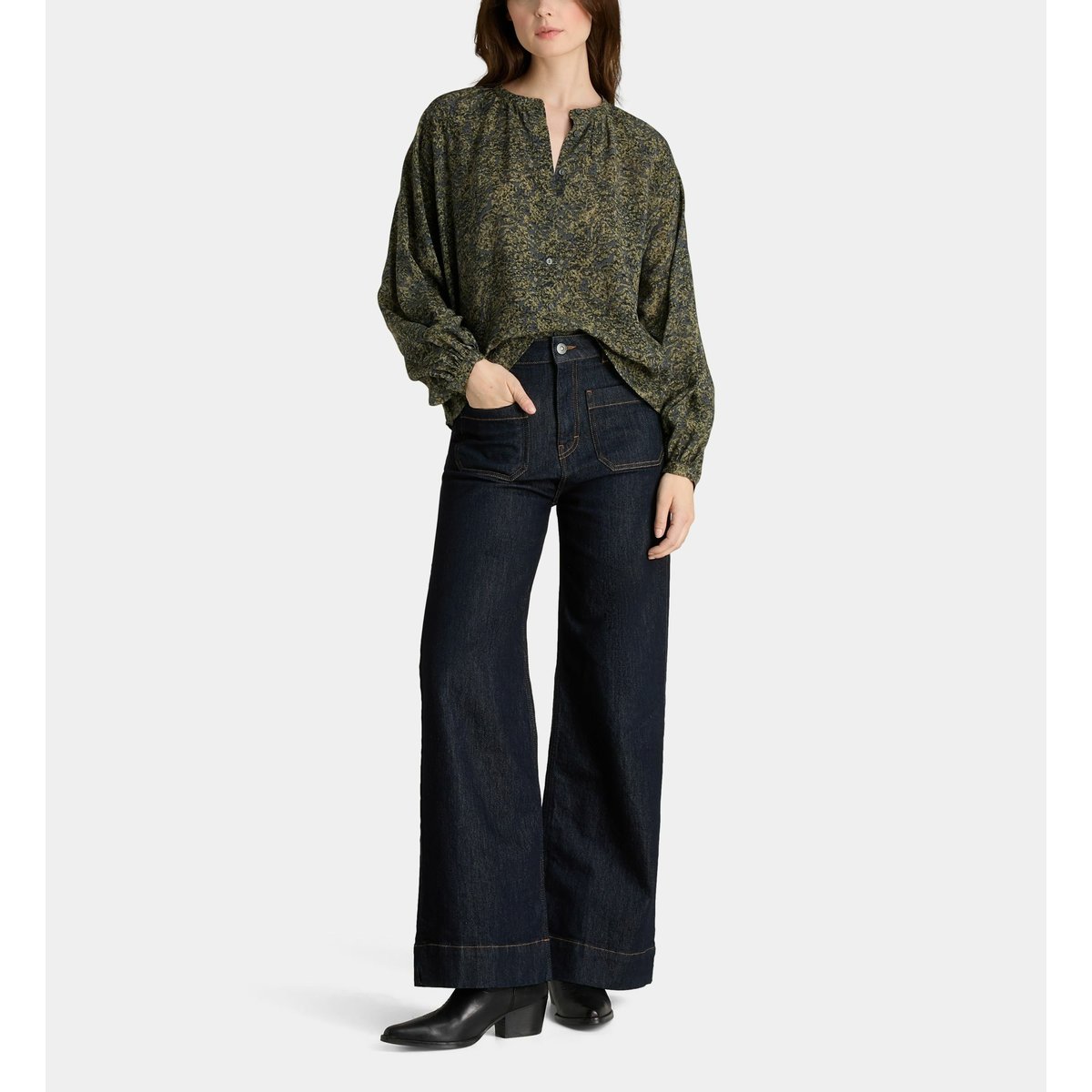 Top ample à manches longues en viscose kaki, GALERIES LAFAYETTE