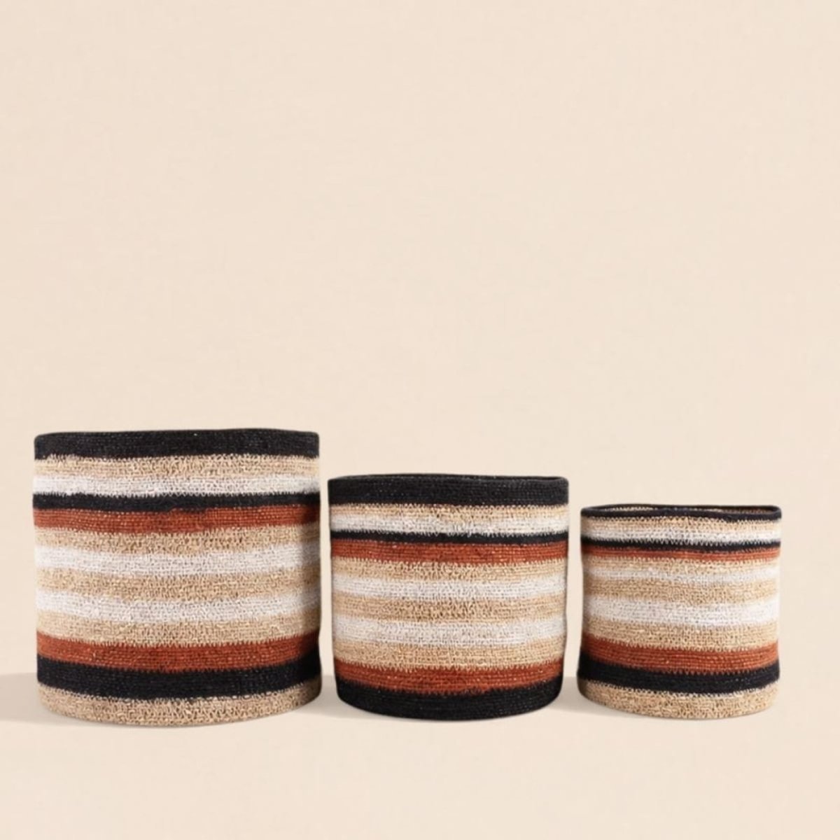 Set de 3 paniers rayé beige, marron en herbes marines marron, ORNAMI