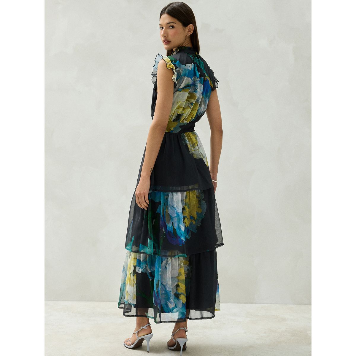 Robe de cérémonie longue imprimée à volants imprimé floral bleu marine, NEXT