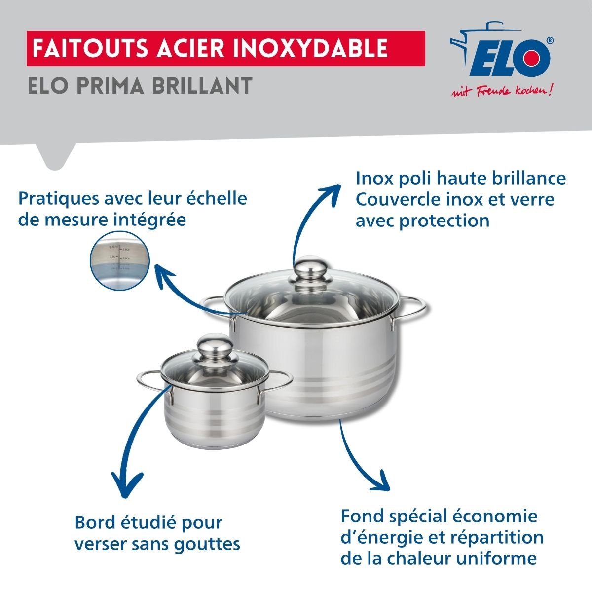 Batterie 3 poêles 20/24/28cm + 2 faitouts 14/24cm PRIMA BRILLANT noir, ELO