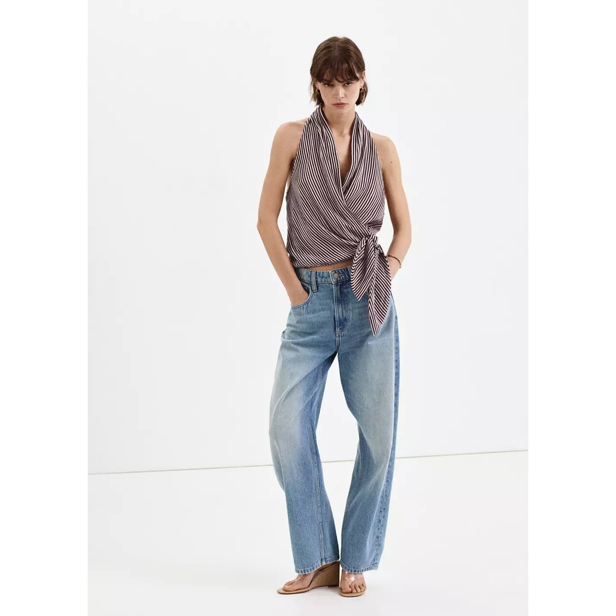 Blouse croisée à rayures et nœud grenat, MANGO