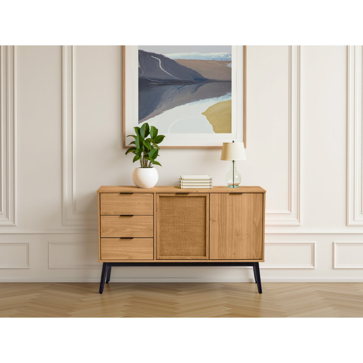 Buffet bas en bois massif 2 portes 3 tiroirs 130 cm, ALBI marron clair, BOBOCHIC