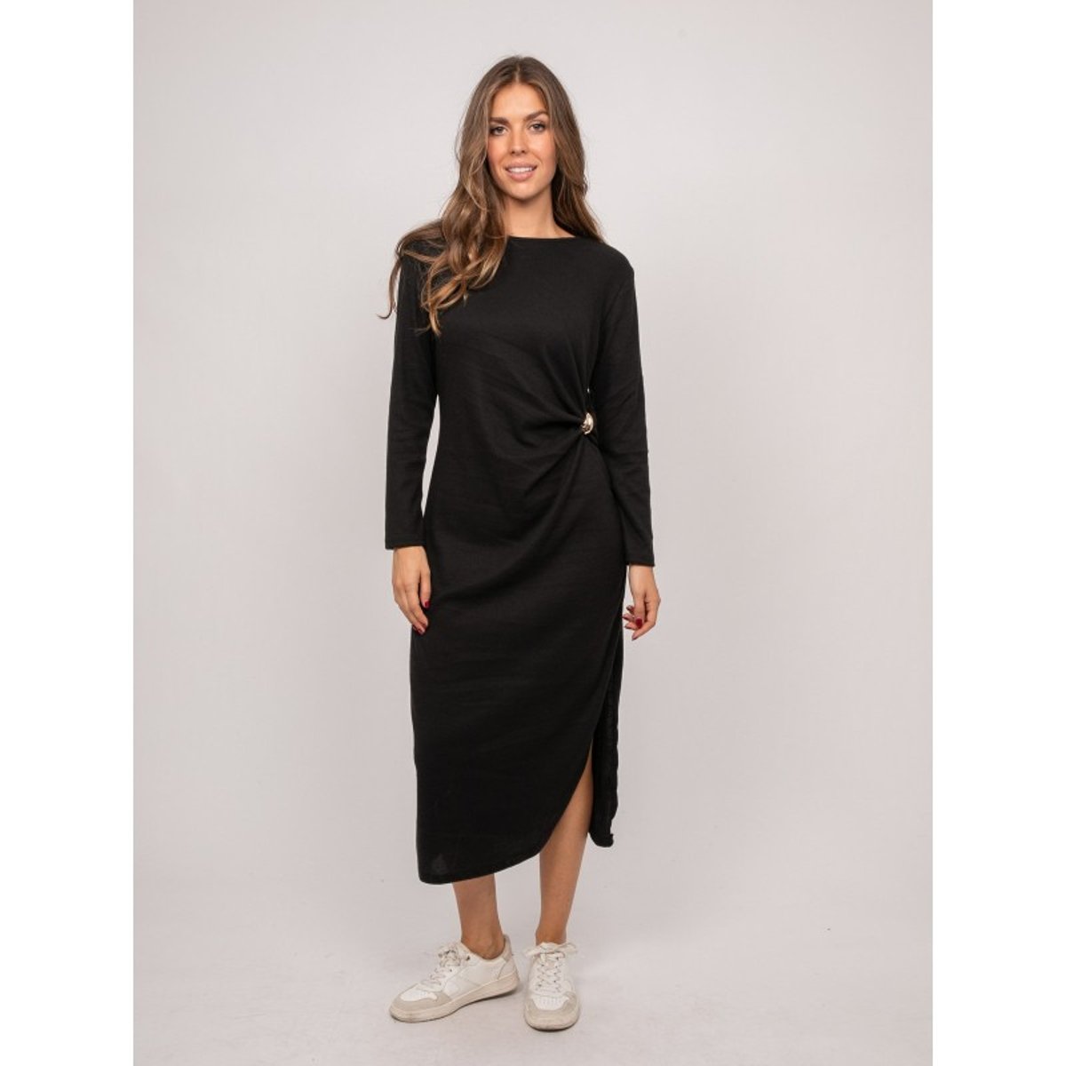 Robe Longue Maille Douce Drapé Ilarisse noir, DONA LISA