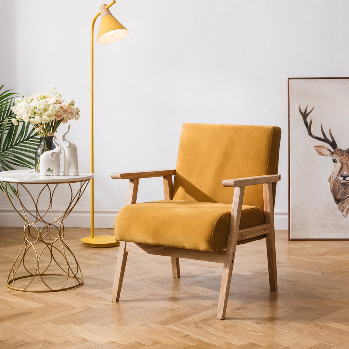 Fauteuil de salon en bois massif, LOUIS jaune moutarde, NORDLYS
