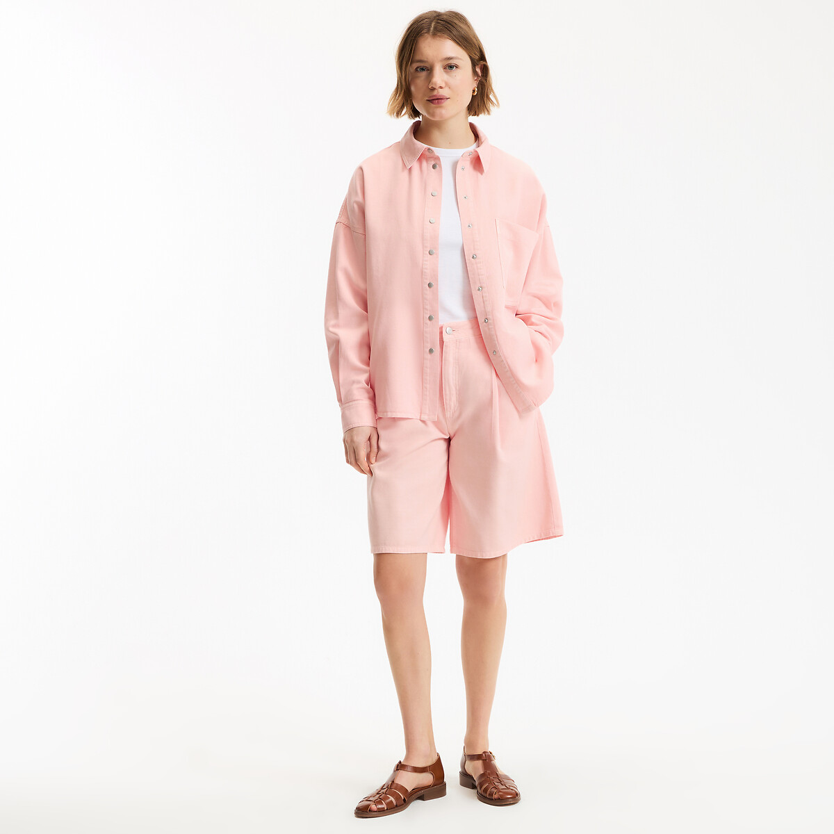 Bermuda con pinces in cotone e lyocell rosa rigato marine, LA REDOUTE COLLECTIONS