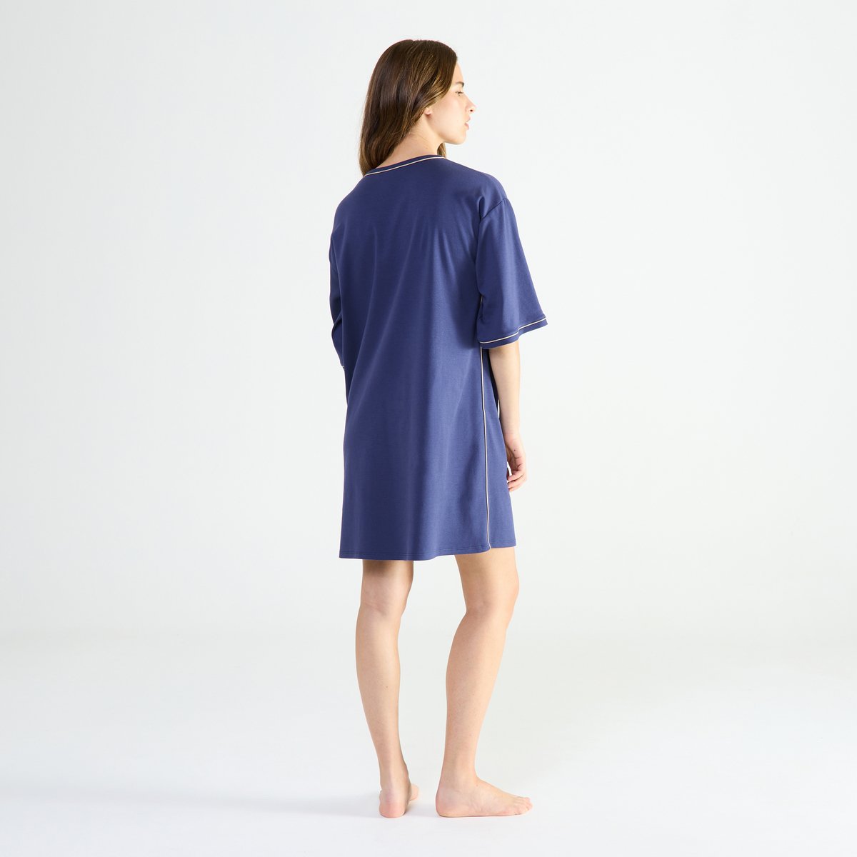 Chemise de nuit courte col rond en coton MYSTÉRIEUSE marine, LAURENCE TAVERNIER