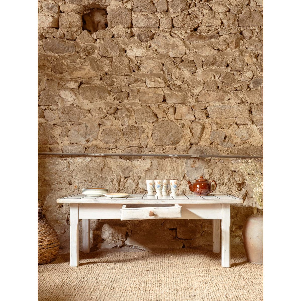 Table basse en bois et céramique Donna N°1571 - Bon état blanc, DEBONGOUT