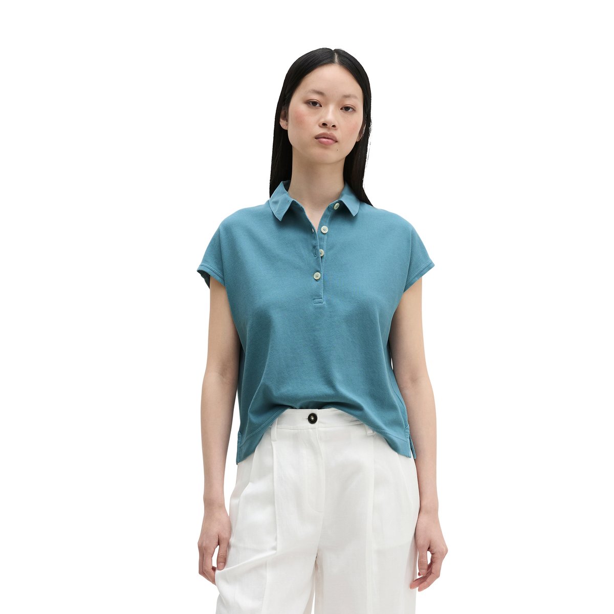 Polo loose en single jersey doux bleu moyen, MARC O'POLO