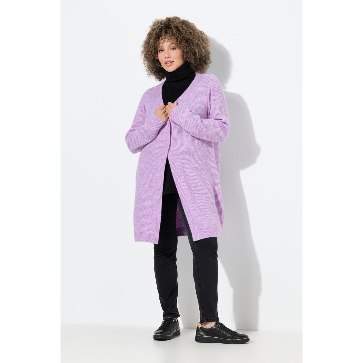 Cardigan long en maille côtelée, col en V prune clair, ULLA POPKEN