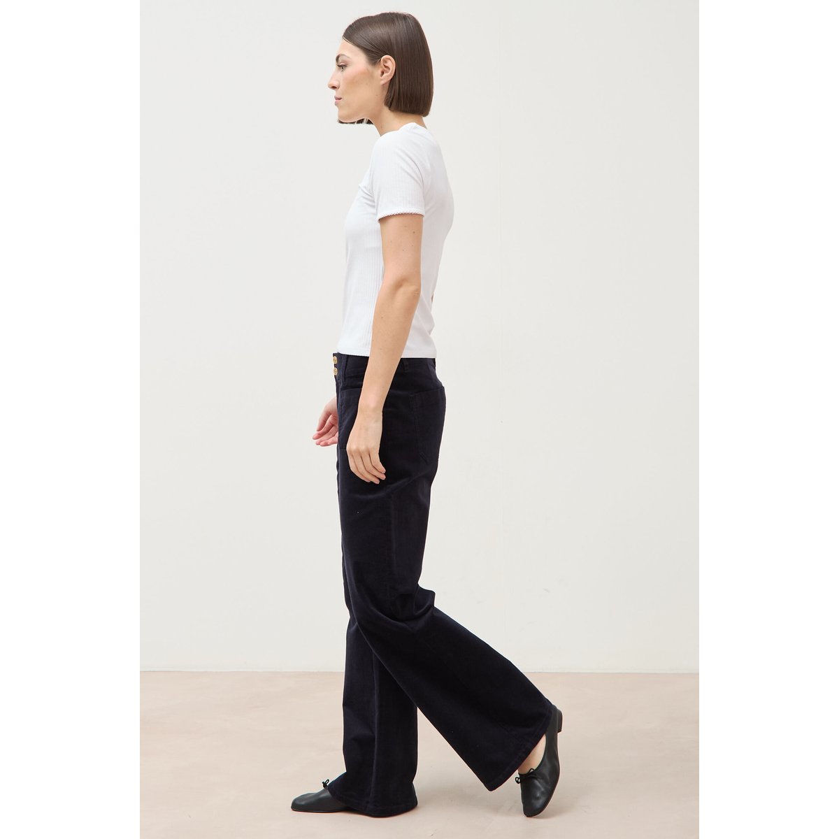 Pantalon flare taille haute en velours bleu foncé, BONOBO